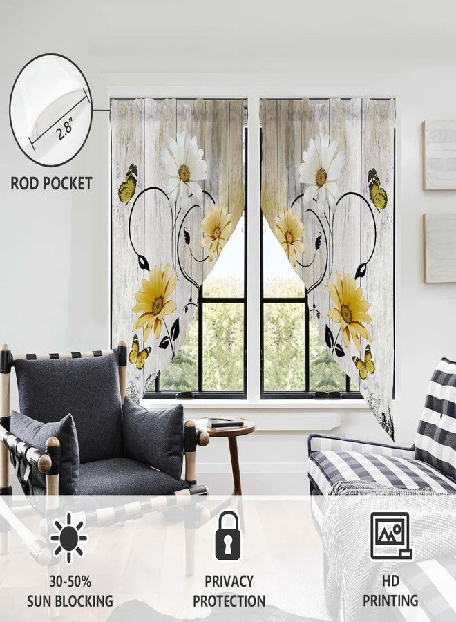 AAtter Yellow Floral Kitchen Valance Curtain for Window Flower Retro Rustic White Country Spring Daisy Butterfly Small Short Home Living Room Bedroom Bathroom Drape Fabric 1 Pair, 28" W x 36" L, Cute - Image 3